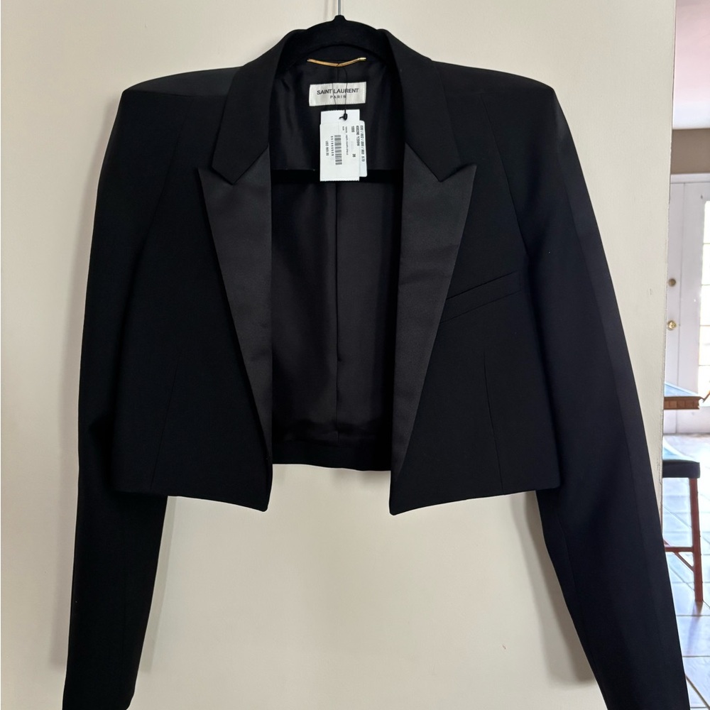 Saint Laurent Black Cropped Blazer with Satin Lapels and Tuxedo Strip